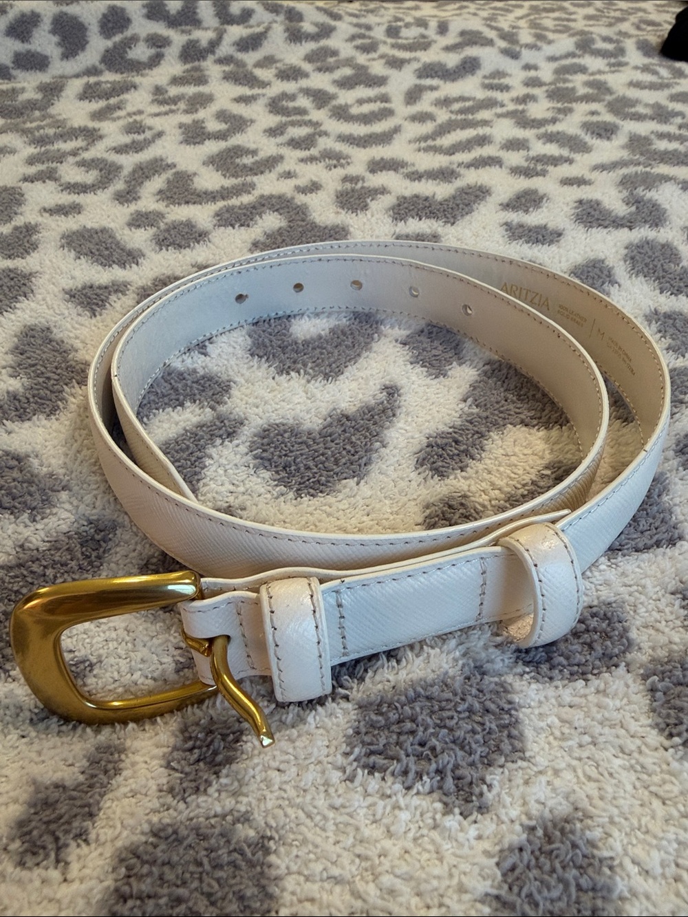 Aritzia Off-White Leather Belt with Gold Buckle Detail